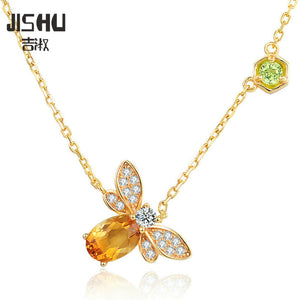 Sweet Bee 1ct 100% Natural Citrine Peridot Yellow Long Chain Amber Necklaces Real 925 Sterling Silver Pendant Necklace Jewelry