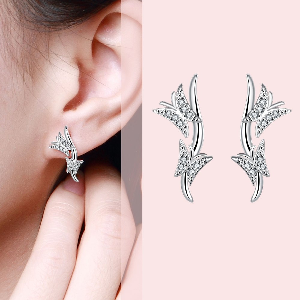 Sweet Double Dragonfly Crystal Charms Dangel earrings 925 real silver e617 gift box Fashion New Girls Jewelry Brincos de Prata