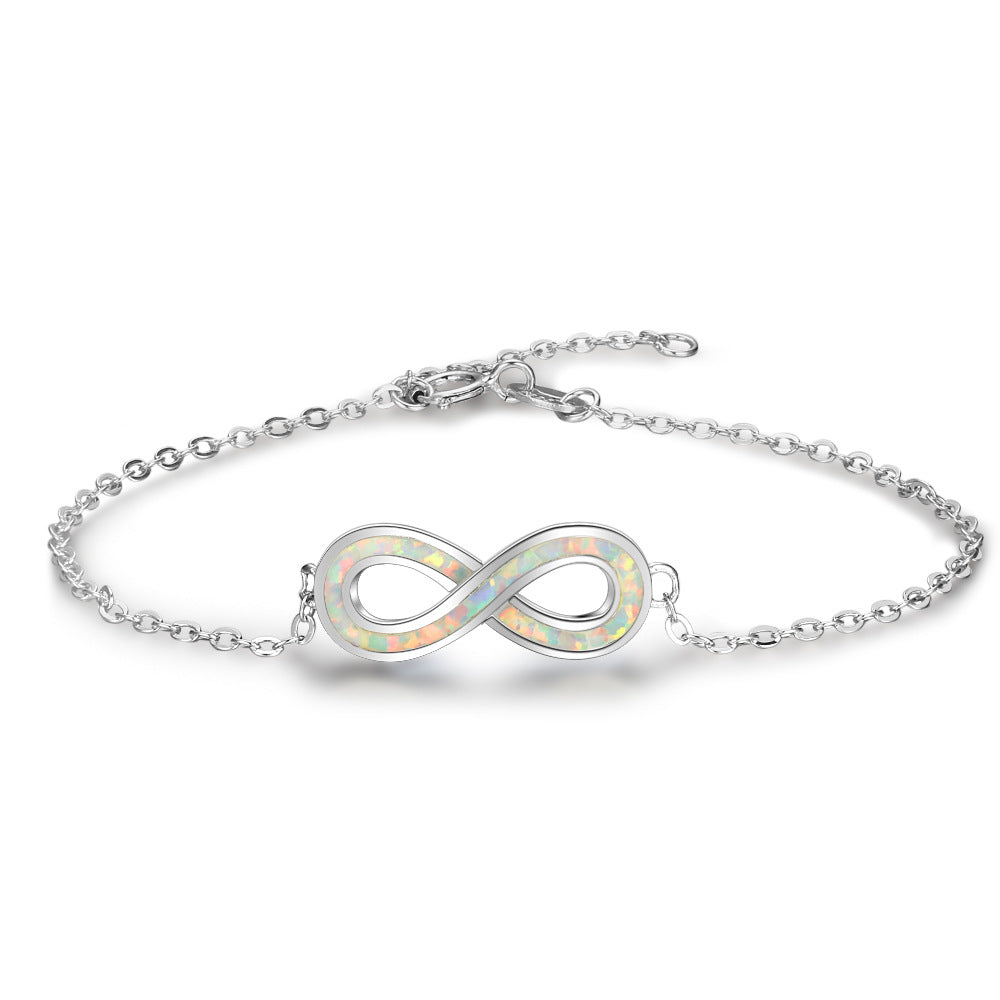Sweet White Infinity Created Opal 925 Silver Bracelet
