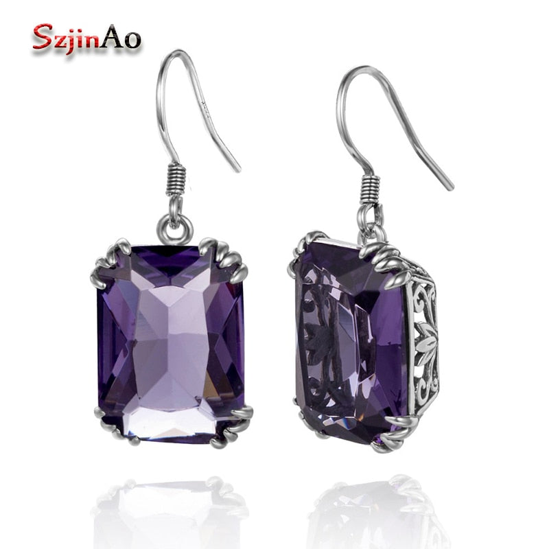 100% HandMade Sparkling Fashion Earrings Square Design Purple Vintage Earrings Amethyst 925 Sterling Silver Jewelry Hot
