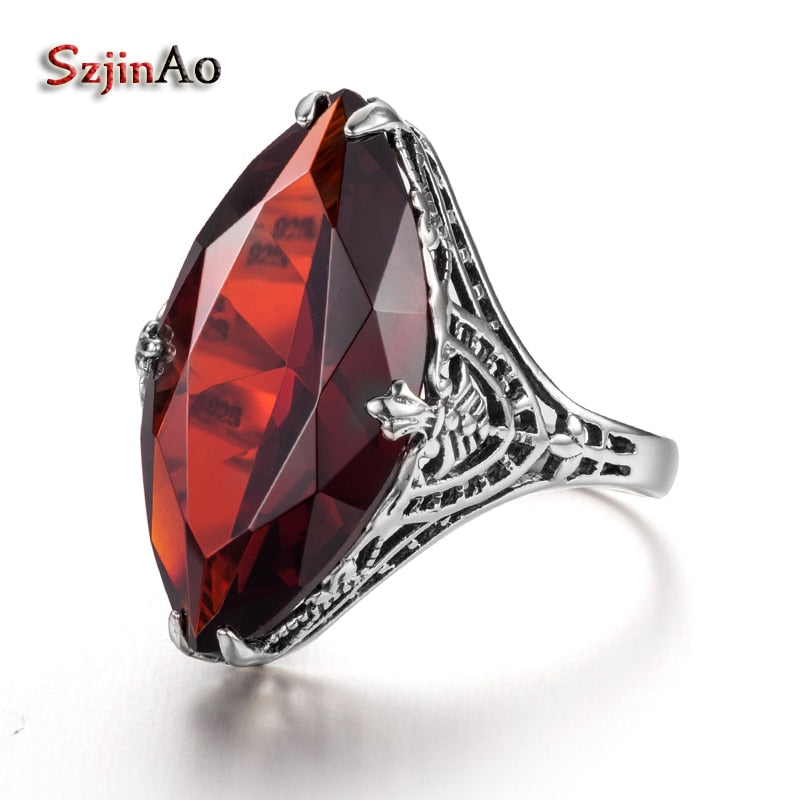 Fashion Big Oval Anchor Wedding Rings for Women Victoria Vintage Style Garnet 925 Sterling Silver Jewelry JS081