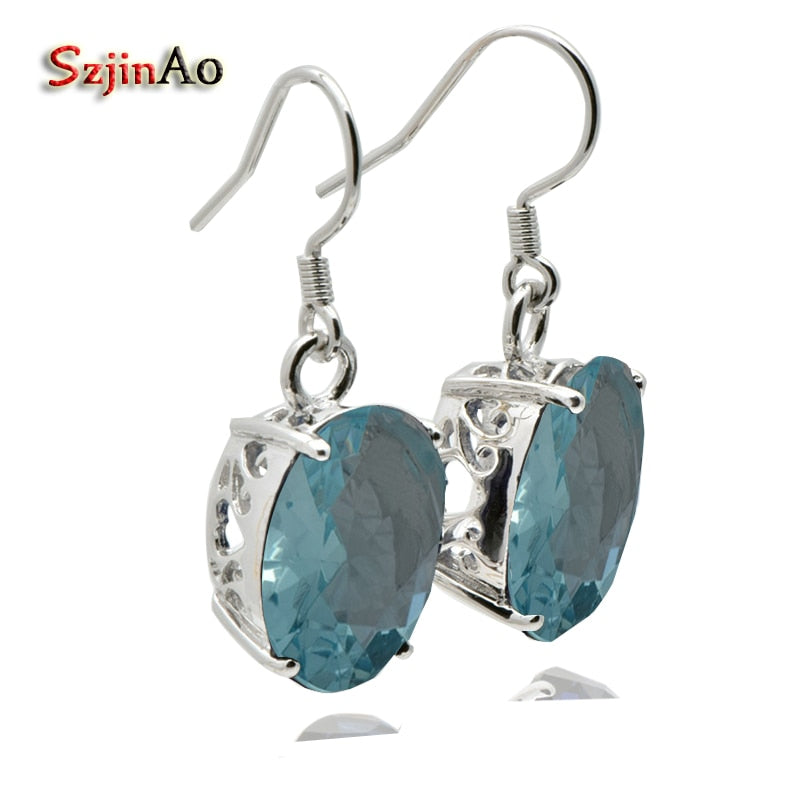 Handmade 925 Silver Real Navy Aquamarine Earrings for Women Vintage Style Wedding Earrings Love Jewelry brincos 2017