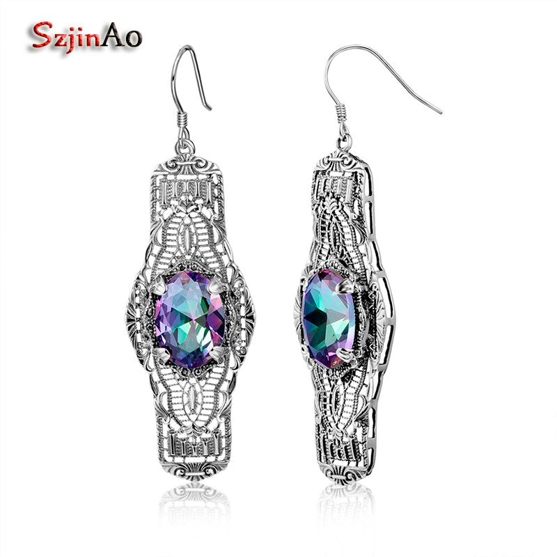 Sale Solid 925 Sterling Silver jewelry Vintage Charm Rainbow Mystic Topaz Earrings for Women Wedding Favors and Gifts