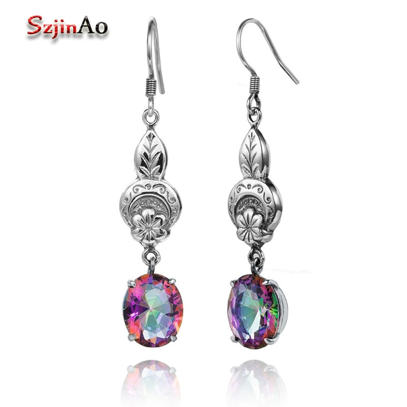 Trendy 925 Sterling Silver Long Dangle Earrings Mystic Fire Rainbow Topaz Silver-925-Jewelry Luxury Bridal Earrings