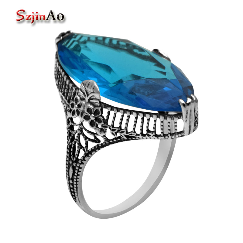 Wholesale 100% 925 Sterling Silver Jewelry Blue Topaz Rings for Participants Retro Punk Vintage Style