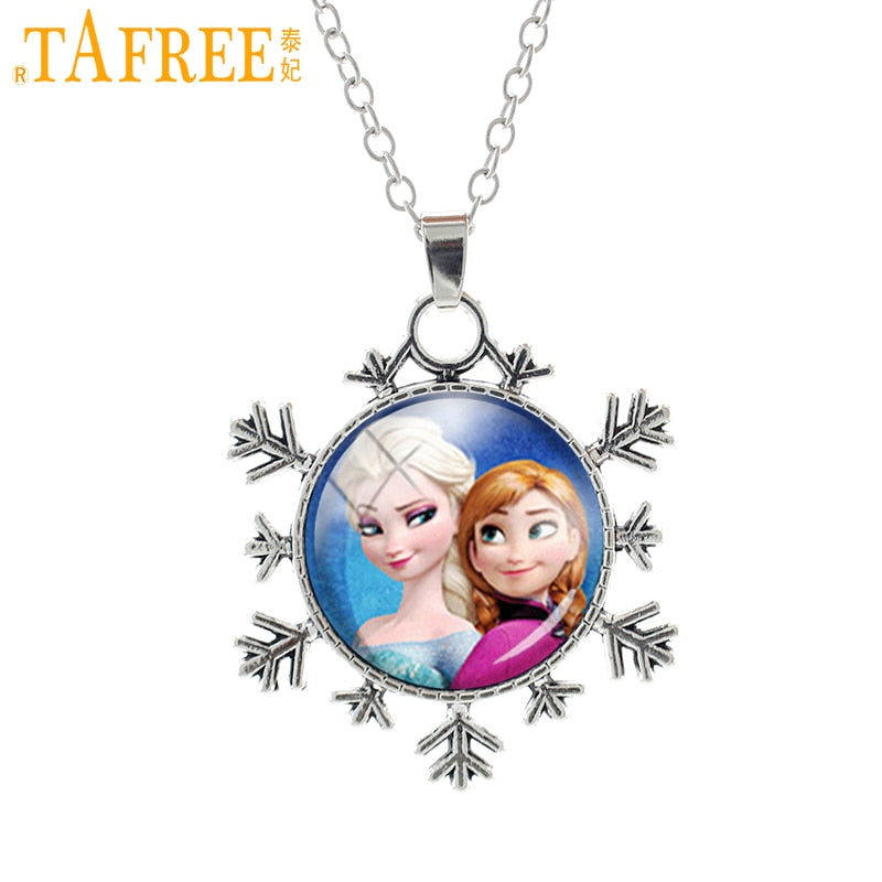Cartoon Movie Snowflake Necklace Princess Anna Elsa Girl Glass Pendant Choker Bijoux Summer Jewelry Accessories 2017 ES89