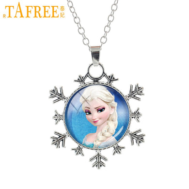 Ladies Long snowflake Chain Jewelry Glass Cabochon Princess Elsa Anna Snow Queen Pendant Necklace For Girls ES135