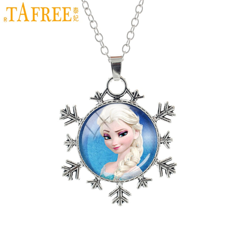 Ladies Long snowflake Chain Jewelry Glass Cabochon Princess Elsa Anna Snow Queen Pendant Necklace For Girls ES135