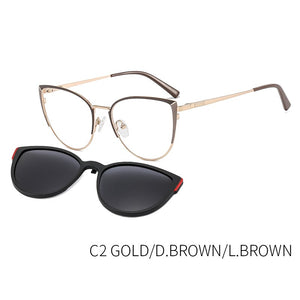 TANGOWO Alloy Magnetic 2 In 1 Clip on Sunglasses Women Vintage Optical Prescription Glasses Stylish UV400 Spectacles B23115