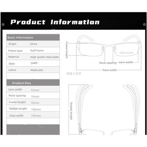 TOLIGHT Men's High-End Steel Glasses Frame Sports Half-Frame Square Myopia Prescription1077