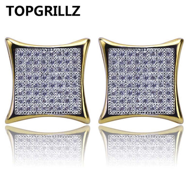 Hop Men Square Earring Gold Color Iced Out Bling Micro Pave CZ Stone Lab D Stud Earrings Witth Screw Back For Gift