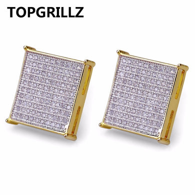 Hop Men's Bling Jewelry Earring Gold Color Iced Out Micro Pave Cubic Zircon Lab D Stud Earrings With Screw Back