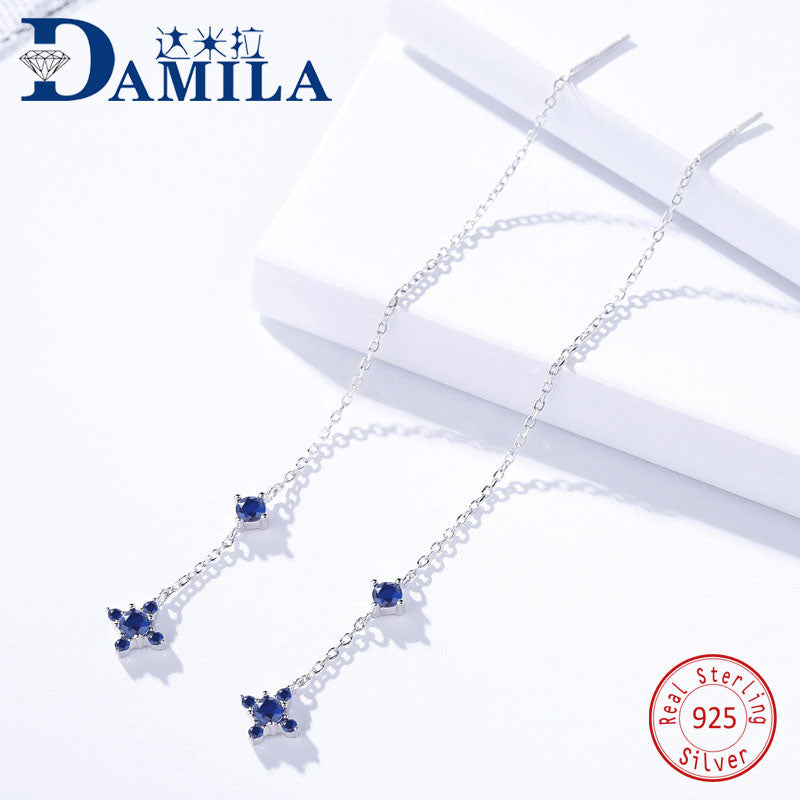 Tassel line 925 sterling silver earrings for women Silver 925 jewelry stud earrings cubic zirconia blue earing for female girls