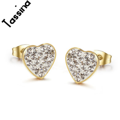 Crystal Zircon Heart Stud Earring Fashion Woman Jewelry Titanium Steel Gold Color Valentine Gift JSF-E084