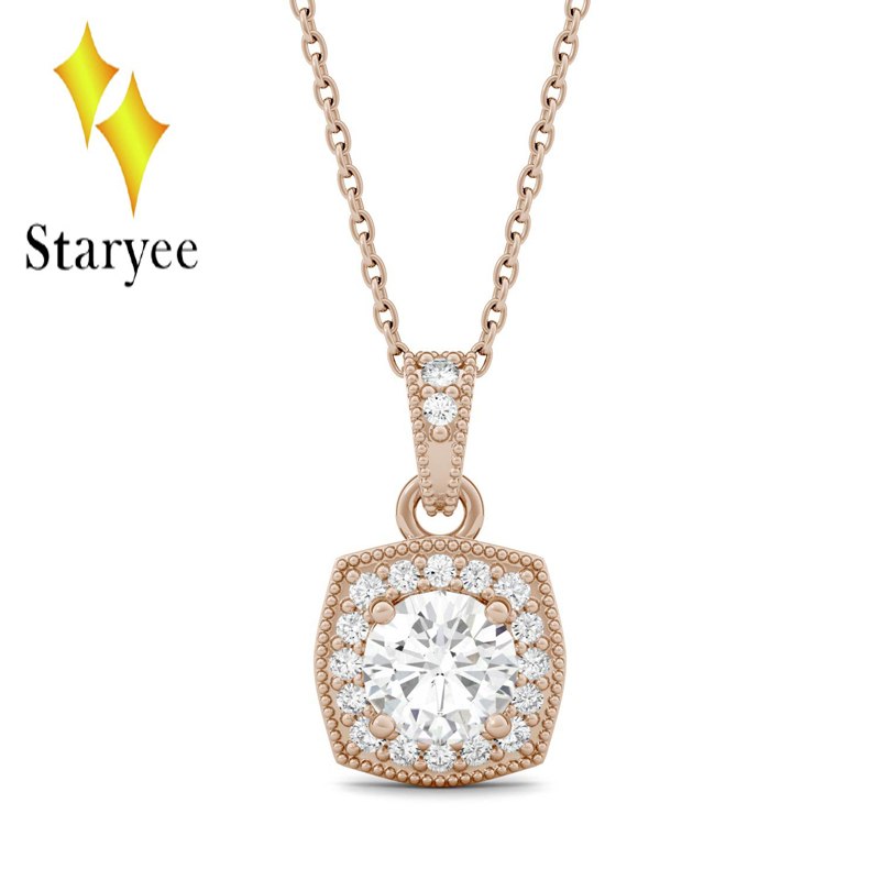 Test positive Charles Colvard Forever One 0.6CT Moissanite Milgrain Halo pendant Chain Necklace in 18k Rose Gold Jewelry