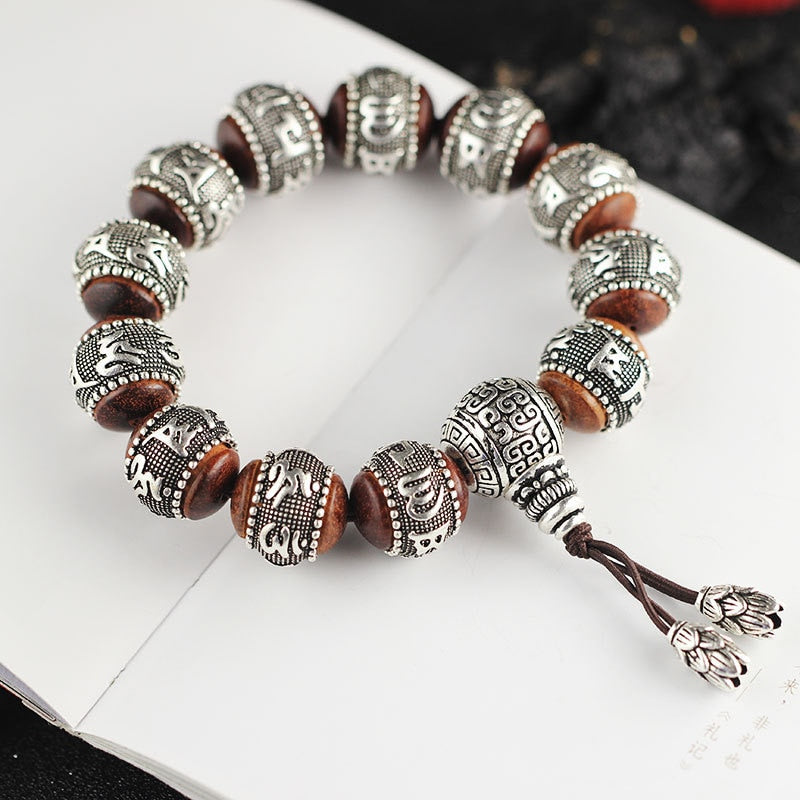 Thai Silver Sandalwood Buddhist Sutra Hand Bracelet For Women&Men,Vintage Handmade Sterling Silver Bracelet Fine Jewel Gift