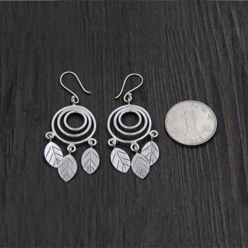 Thai handmade silver Thai silver multi-circle leaf retro earrings 925 sterling silver ethnic wind earrings female