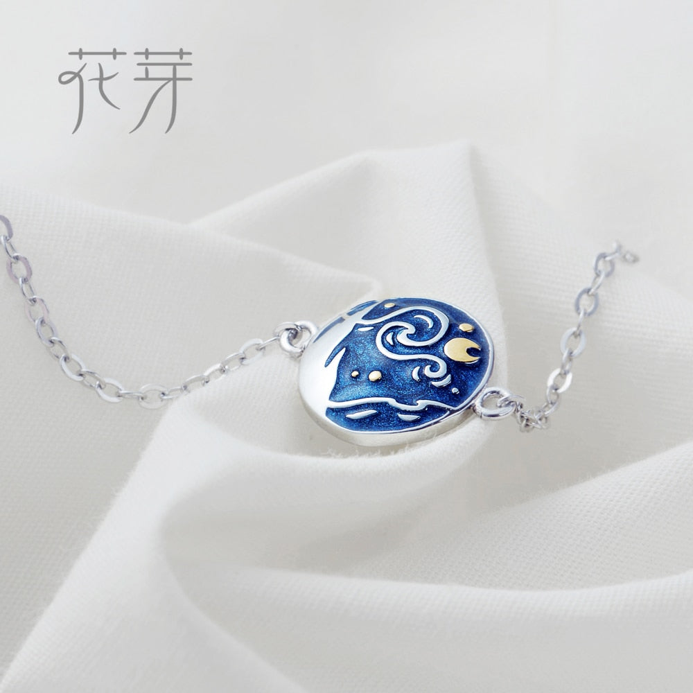 Van Gogh Enamel Cloisonne Plated Bracelet Star Moon Night Oil Painting s925 Silver Bracelet Jewelry for women gift