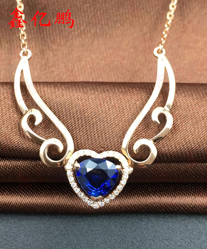 The wings of the angel 18 k gold inlaid natural sapphire necklace The ro blue with drilling
