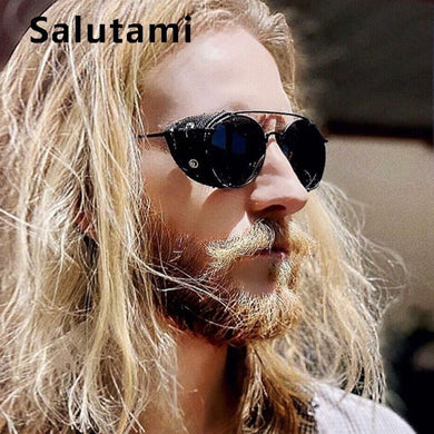 Thick Pu Leather Frame Sunglasses For Men Vintage Rero Punk Sun Glasses Women  Brand Steampunk Round Black Shades Oculos