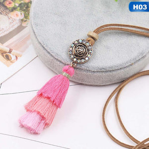 Three Colors Tassel Pendant Long Chain Tiered Threaded Tassel Necklace Rhinestones Inliad Sweater Chain