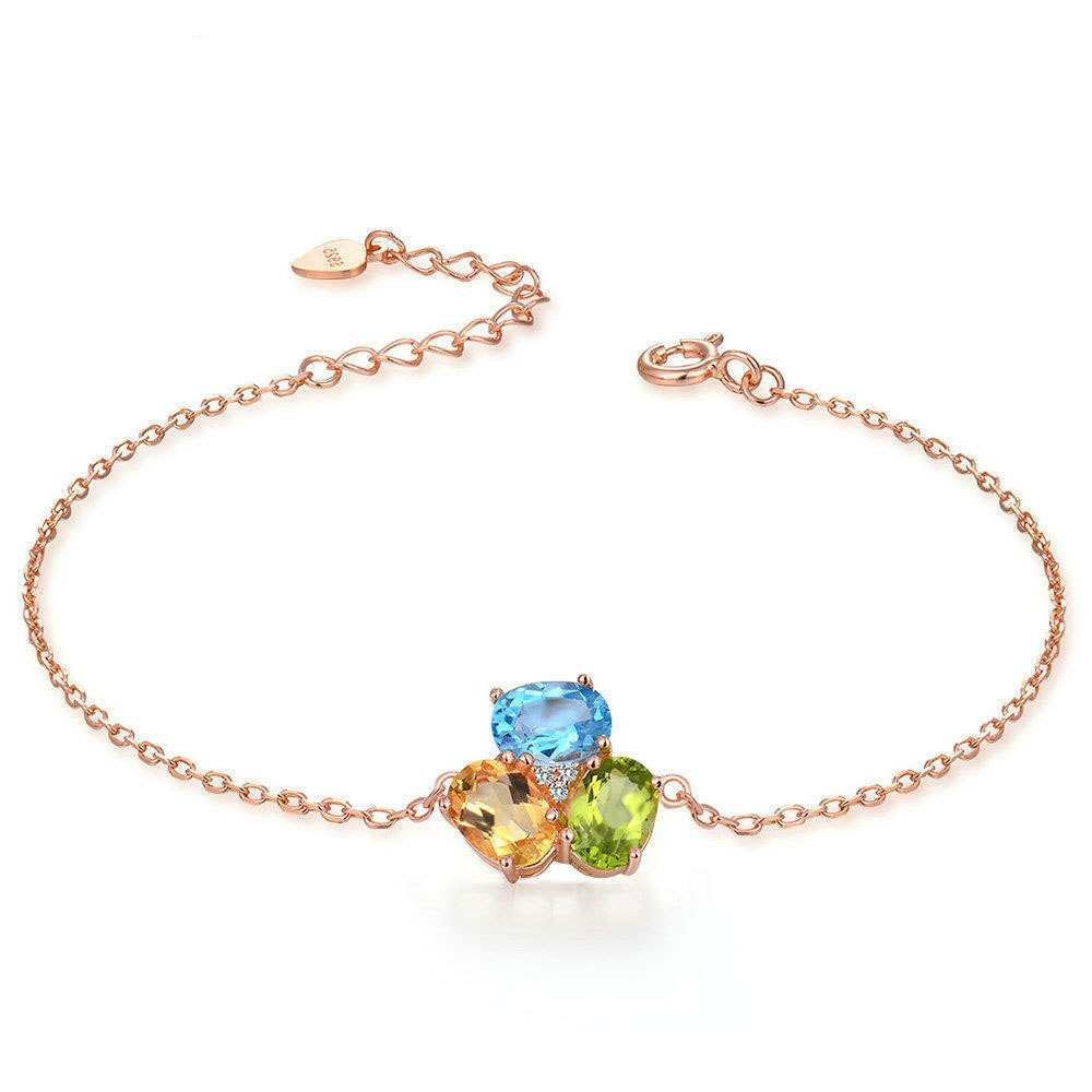 Three Natural Citrine Topaz Peridot 925 Silver Bracelet