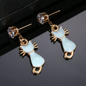 Brand Cute Cat Gold Color Blue Oil Drip Ear Stud Earrings For Women Girls Kids Child Jewelry Anti-Allergic