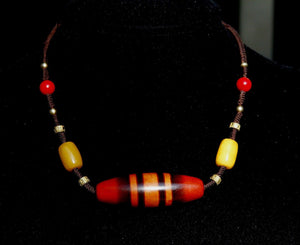 Tibet Natural stone Beads & Stripe Old Dzi Bead Necklace Pendant