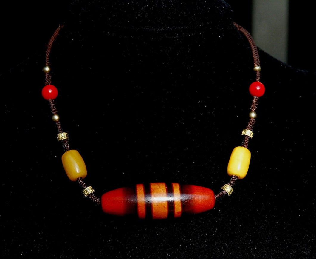 Tibet Natural stone Beads & Stripe Old Dzi Bead Necklace Pendant