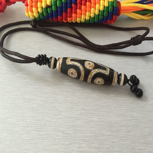 Tibet genuine dZi beads six black and white dragon, puja eye beads, hand woven rope necklace, Pendant Necklace