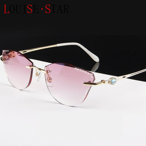β Titanium Myopia Sunglasses Ladies Rimless Diamond Butterfly Frame Flat Lens Progressive With Prescription Diopter Astigmatism