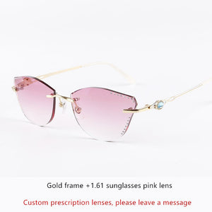 β Titanium Myopia Sunglasses Ladies Rimless Diamond Butterfly Frame Flat Lens Progressive With Prescription Diopter Astigmatism