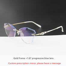 Load image into Gallery viewer, β Titanium Myopia Sunglasses Ladies Rimless Diamond Butterfly Frame Flat Lens Progressive With Prescription Diopter Astigmatism