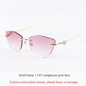 β Titanium Myopia Sunglasses Ladies Rimless Diamond Butterfly Frame Flat Lens Progressive With Prescription Diopter Astigmatism