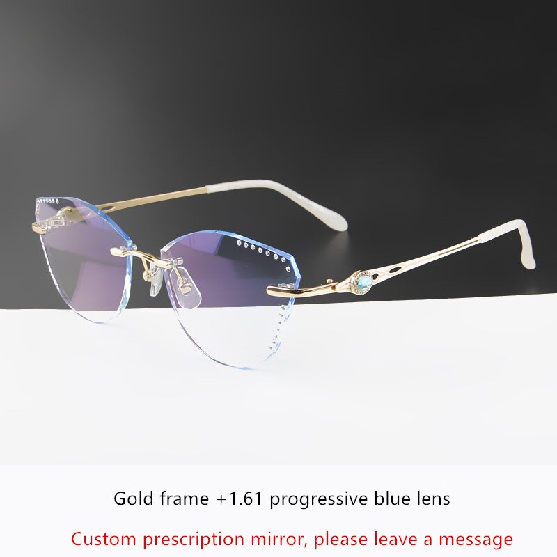 β Titanium Myopia Sunglasses Ladies Rimless Diamond Butterfly Frame Flat Lens Progressive With Prescription Diopter Astigmatism