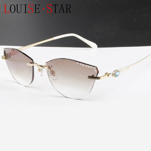 β Titanium Myopia Sunglasses Ladies Rimless Diamond Butterfly Frame Flat Lens Progressive With Prescription Diopter Astigmatism