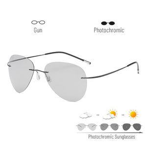 Titanium Rimless Pochromic Sunglasses Men Polarized Driving Ultralight Pilot Sun Glasses for Outdoor Fishing UV400