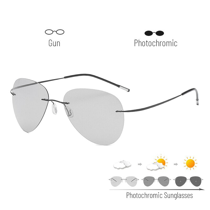 Titanium Rimless Pochromic Sunglasses Men Polarized Driving Ultralight Pilot Sun Glasses for Outdoor Fishing UV400