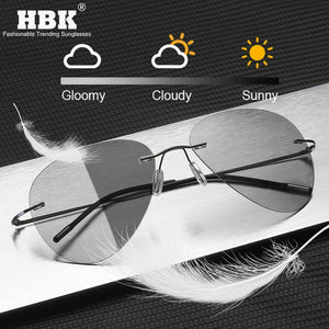 Titanium Rimless Pochromic Sunglasses Men Polarized Driving Ultralight Pilot Sun Glasses for Outdoor Fishing UV400