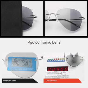 Titanium Rimless Pochromic Sunglasses Men Polarized Driving Ultralight Pilot Sun Glasses for Outdoor Fishing UV400