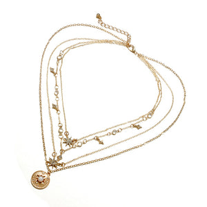 Shiny Crystal Gem Round Stars Pendant Multilayer Chain Necklace Charm Pearl Gold Chain Party Jewelry Gift 6653