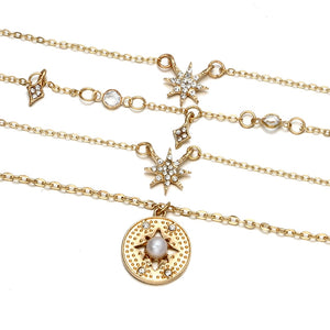 Shiny Crystal Gem Round Stars Pendant Multilayer Chain Necklace Charm Pearl Gold Chain Party Jewelry Gift 6653