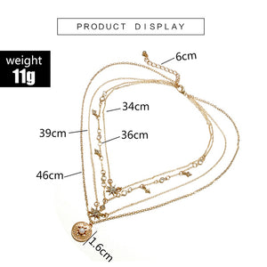 Shiny Crystal Gem Round Stars Pendant Multilayer Chain Necklace Charm Pearl Gold Chain Party Jewelry Gift 6653