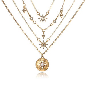 Shiny Crystal Gem Round Stars Pendant Multilayer Chain Necklace Charm Pearl Gold Chain Party Jewelry Gift 6653