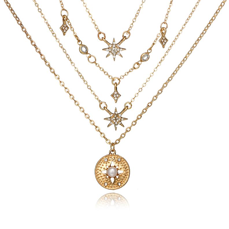 Shiny Crystal Gem Round Stars Pendant Multilayer Chain Necklace Charm Pearl Gold Chain Party Jewelry Gift 6653