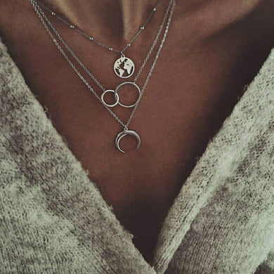 Boho Silver Color Circle Map Horns Pendant Necklace for Women Long Charms Layering Necklaces Party Jewelry Collars 6941