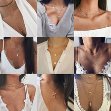 Carica l&#39;immagine nel visualizzatore di Gallery, Multilayer Crystal Rose Pendant Necklace Women Gold Moon Star Horn Crescent Choker Necklaces Jewelry