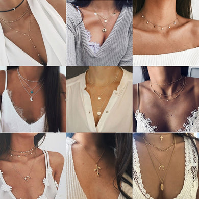 Multilayer Crystal Rose Pendant Necklace Women Gold Moon Star Horn Crescent Choker Necklaces Jewelry
