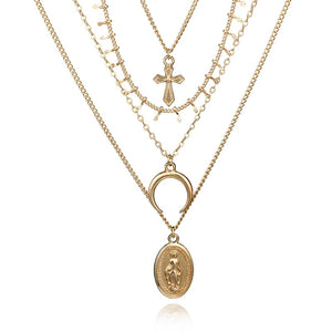 Multilayer Crystal Rose Pendant Necklace Women Gold Moon Star Horn Crescent Choker Necklaces Jewelry
