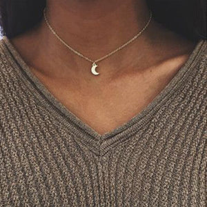 Multilayer Crystal Rose Pendant Necklace Women Gold Moon Star Horn Crescent Choker Necklaces Jewelry